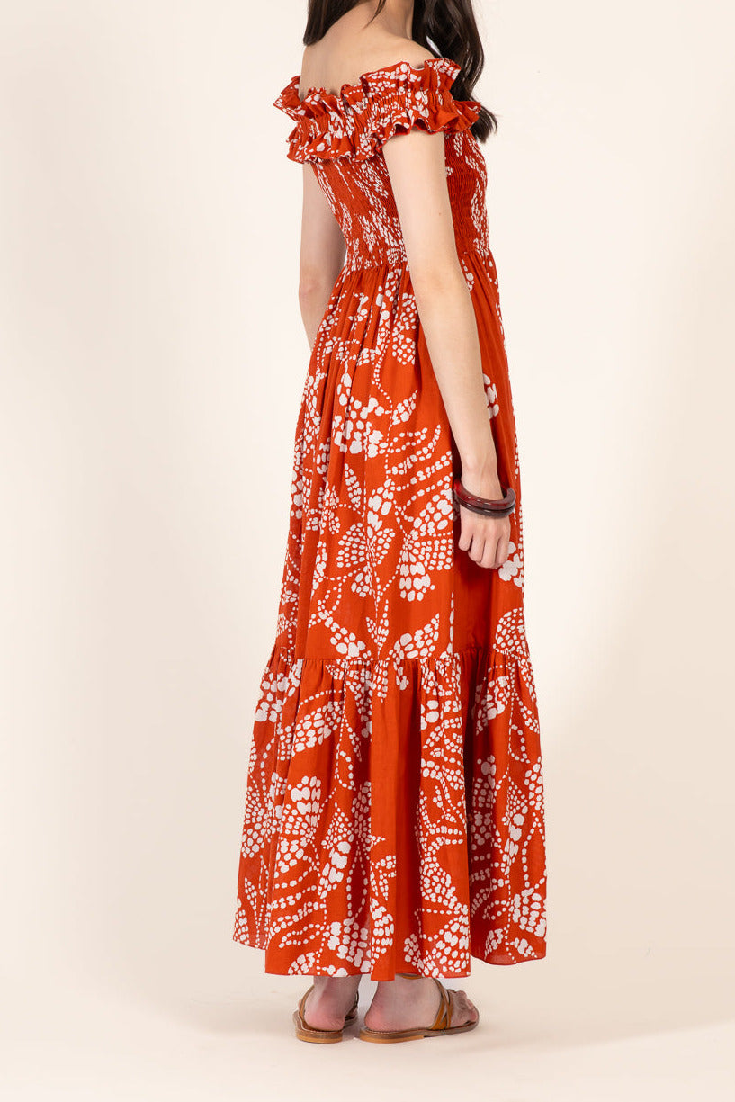 Poupette St Barth Suzanne long dress in paprika Austral cotton, featuring a flowing silhouette and sleeveless design.