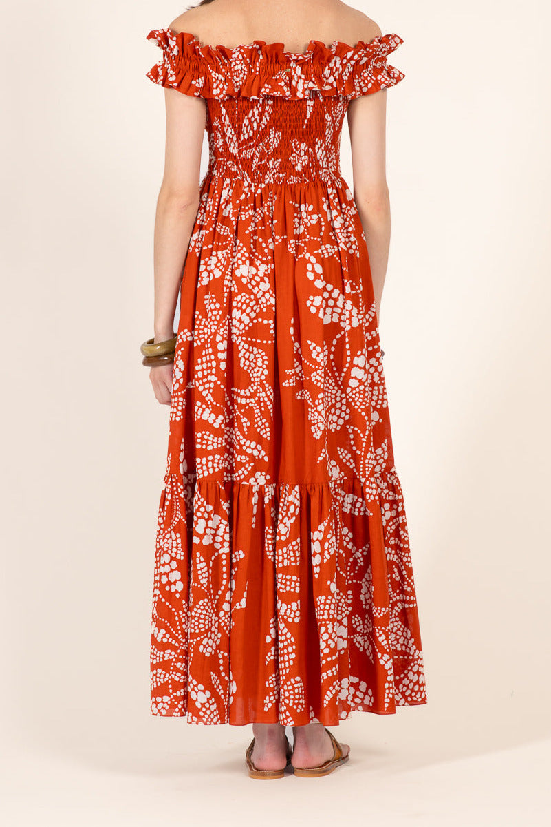 Long Suzanne Dress by Poupette St Barth in paprika Austral cotton, featuring a flowy silhouette and long sleeves.