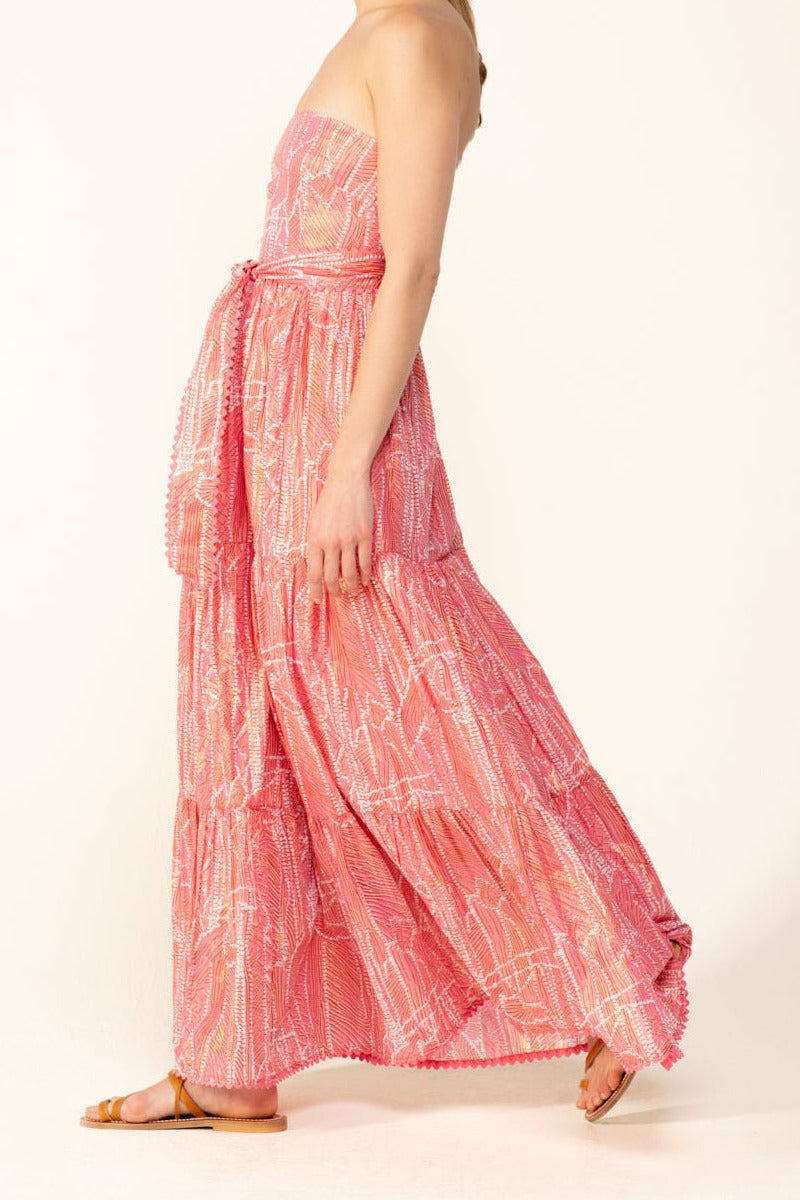 Pink Akoya long dress – Long Dress Thelma by Poupette St Barth, side view showing flowing tiered skirt