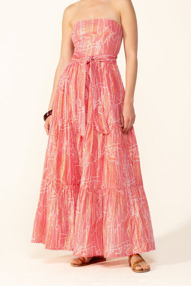 Pink Akoya long dress – Long Dress Thelma by Poupette St Barth, full-length front view with tie belt and tiered skirt