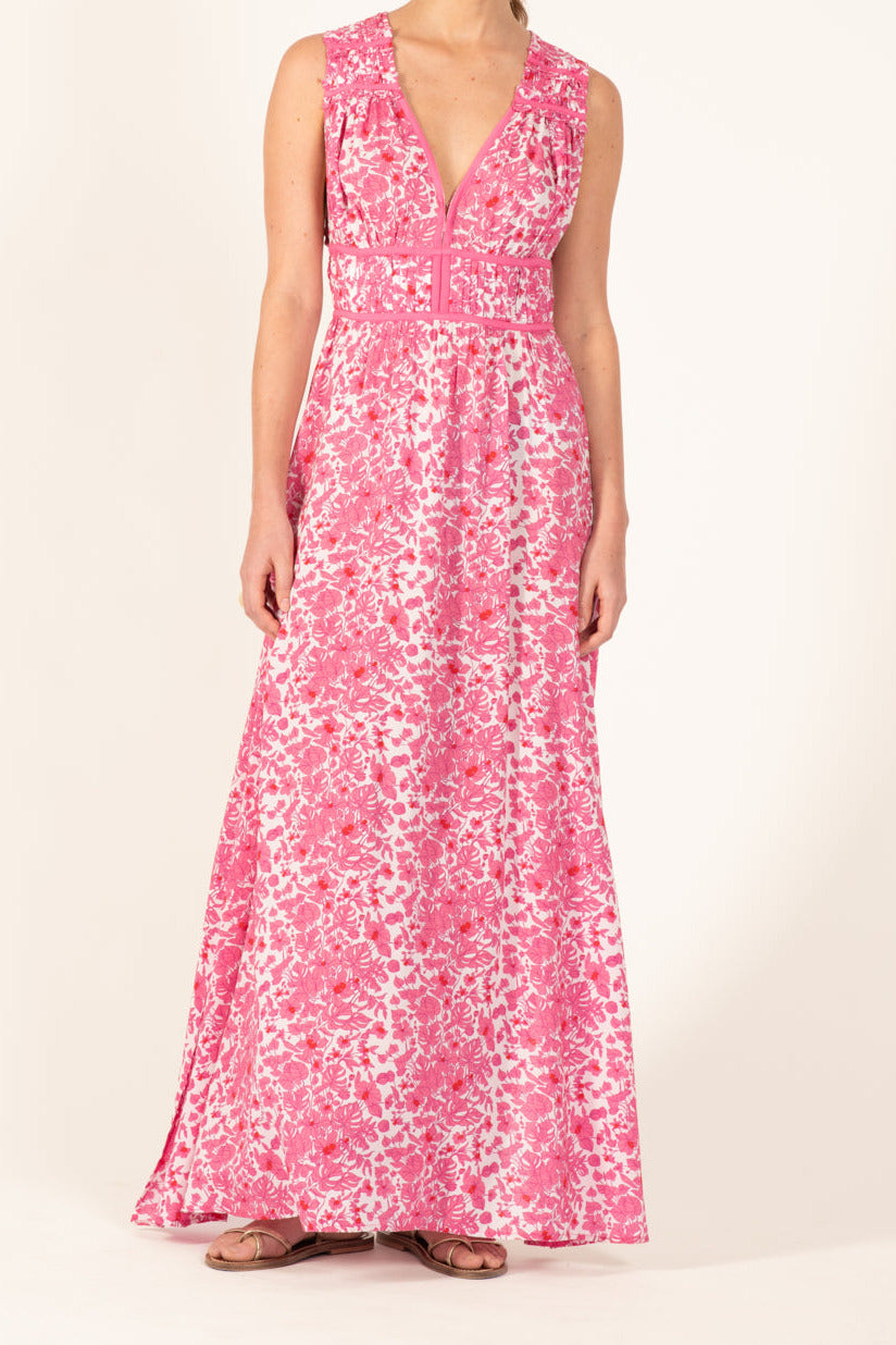 Pink Aquaflora long dress from Poupette St Barth's Chiara collection, featuring a flowy viscose fabric and elegant design.