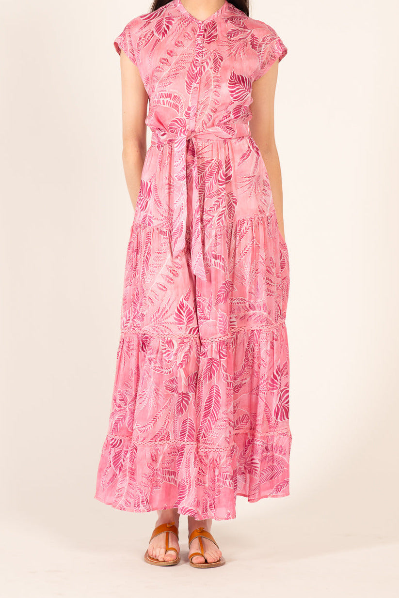 Pink Calathea long dress – Long Dress Kora by Poupette St Barth, front view of tiered dress with tie belt