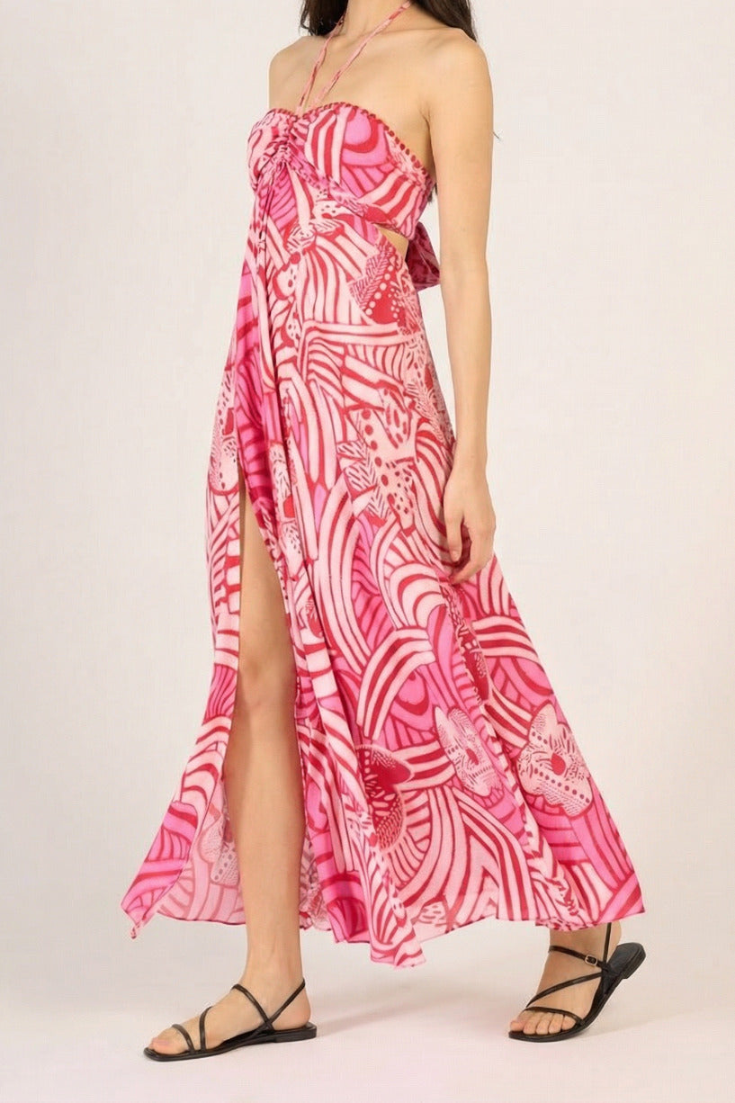 Pink Japonism long dress – Long Dress Carla by Poupette St Barth, three-quarter view showing high front slit