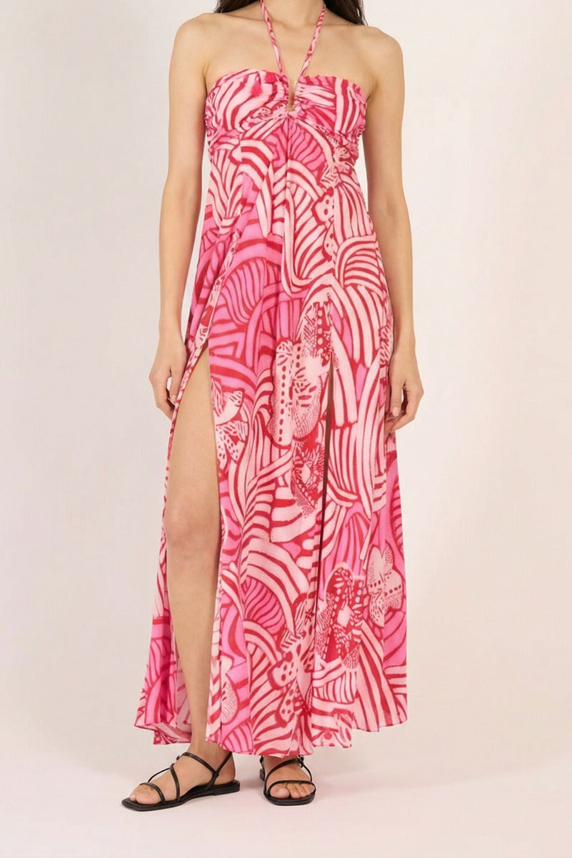 Pink Japonism long dress – Long Dress Carla by Poupette St Barth, full-length front view with halter neck and slit