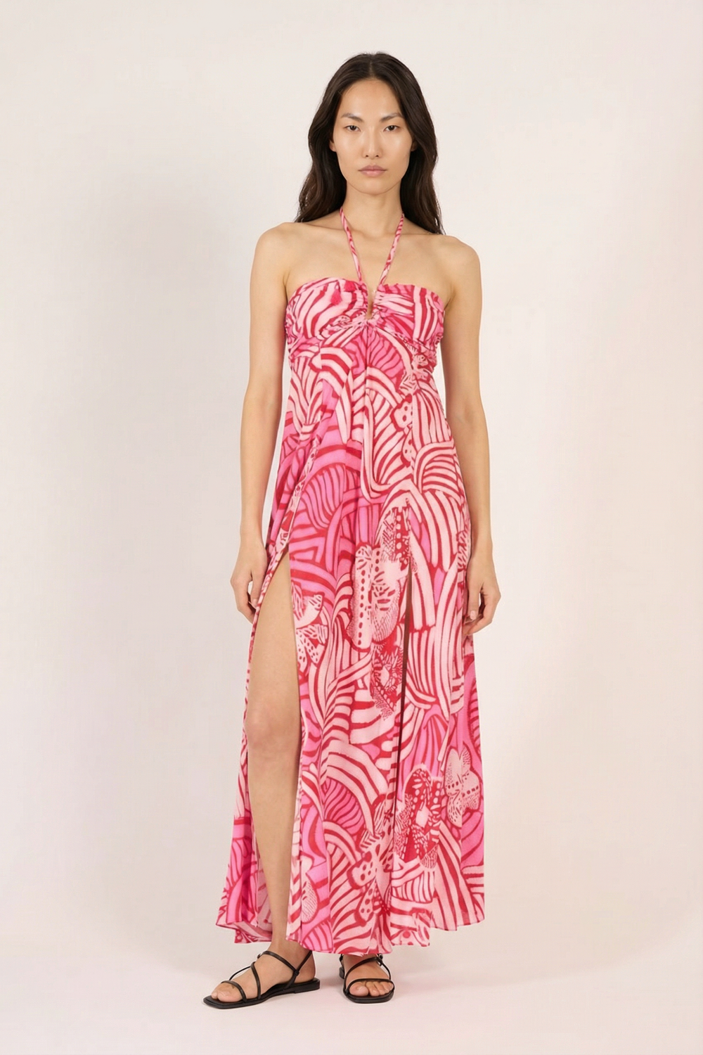 Pink Japonism long dress – Long Dress Carla by Poupette St Barth, front view