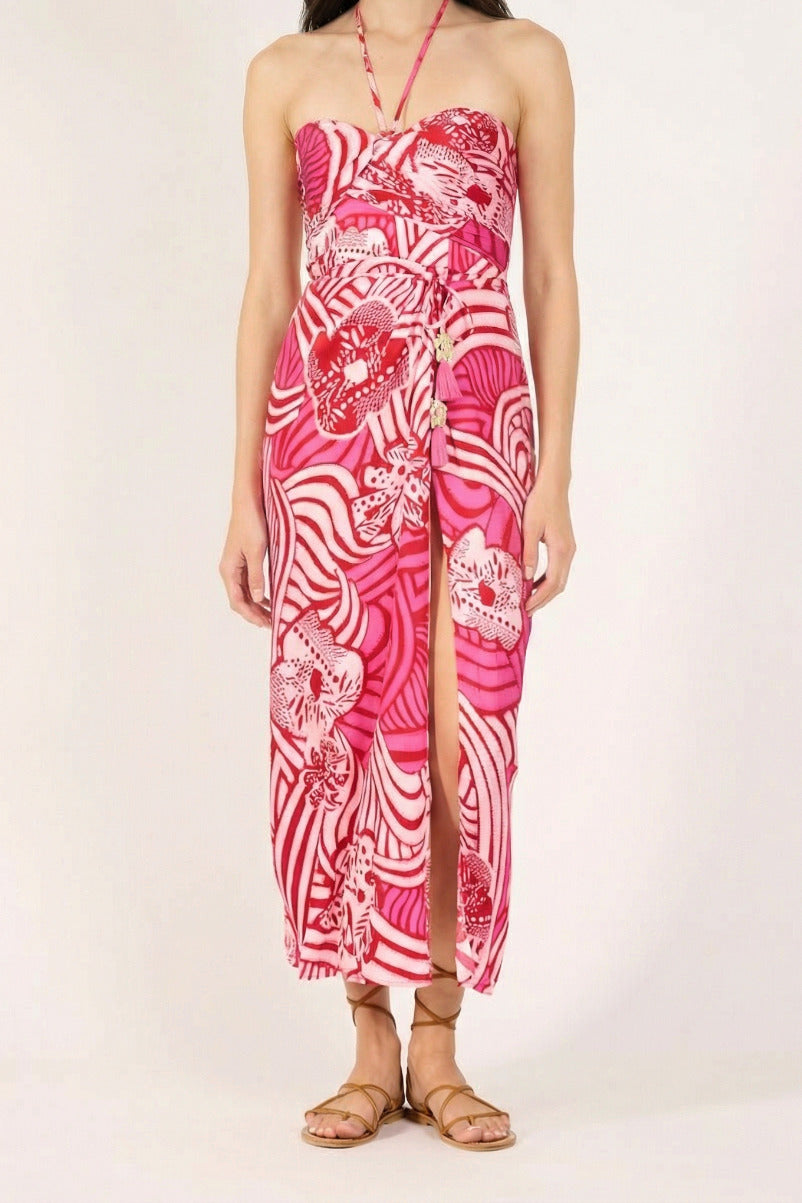 Pink Japonism long dress – Long Dress Collina by Poupette St Barth, front view with halter strap and front slit