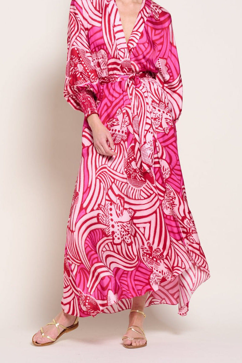 Pink Japonism long dress – Long Dress Kristen by Poupette St Barth, full-length front view with wrap V-neck and belt