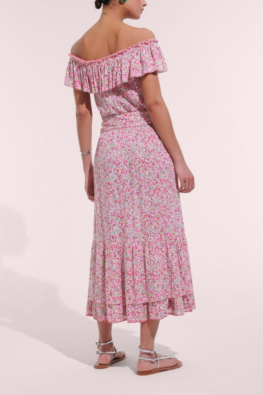 Pink Ocean Flowers Long Dress by Poupette St Barth featuring a flowing, crinkled viscose fabric and floral design.