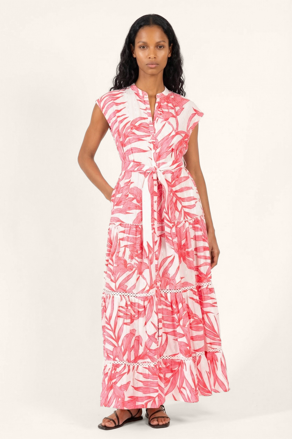 Pink Palm Leaf long dress – Long Dress Kora by Poupette St Barth, front view