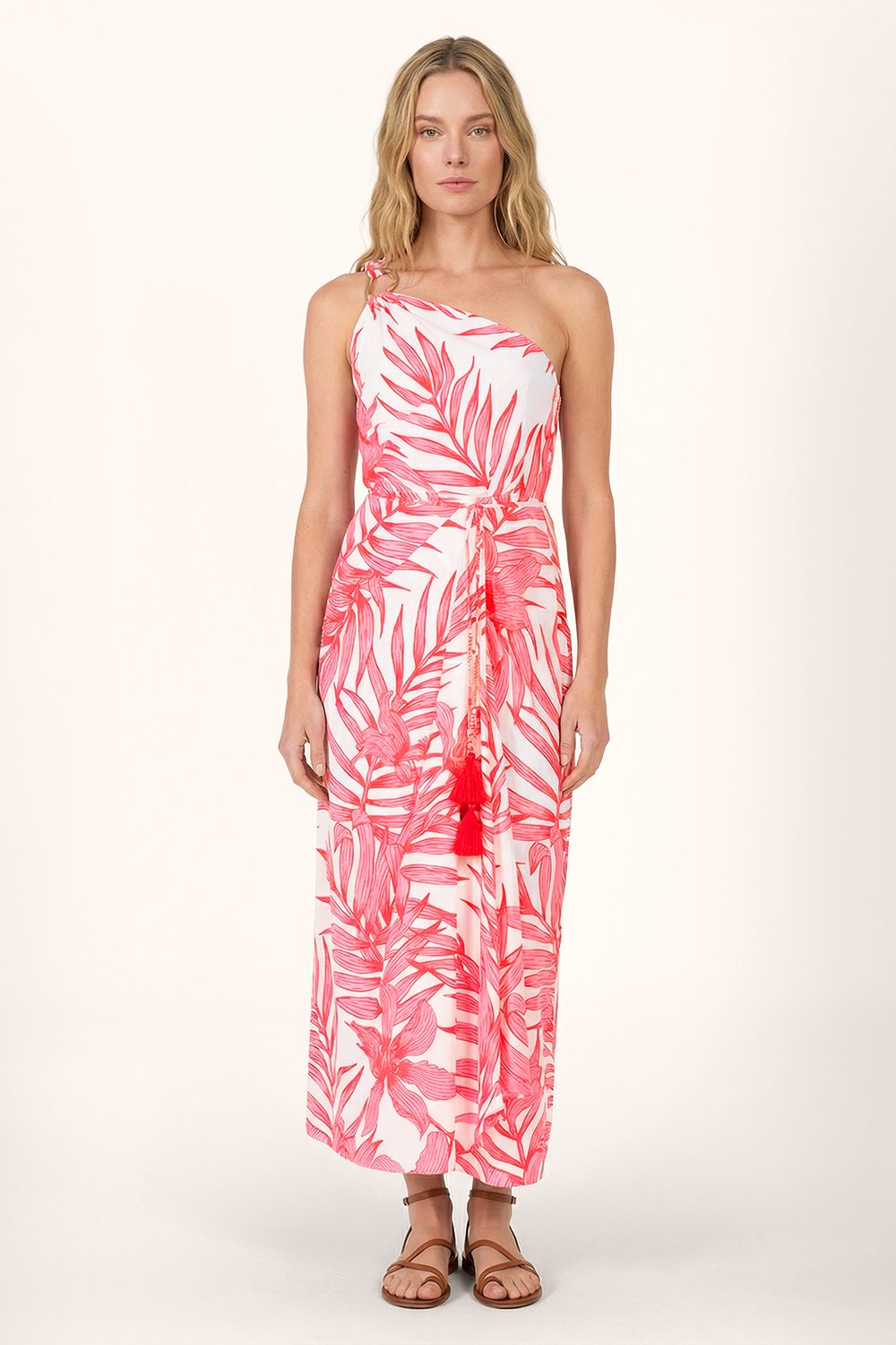 Pink Palm Leaf long dress – Long Dress Fanny by Poupette St Barth, front view