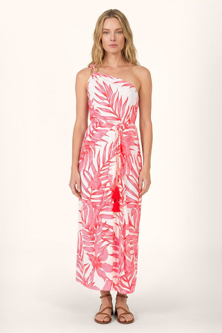 Pink Palm Leaf long dress – Long Dress Fanny by Poupette St Barth, front view
