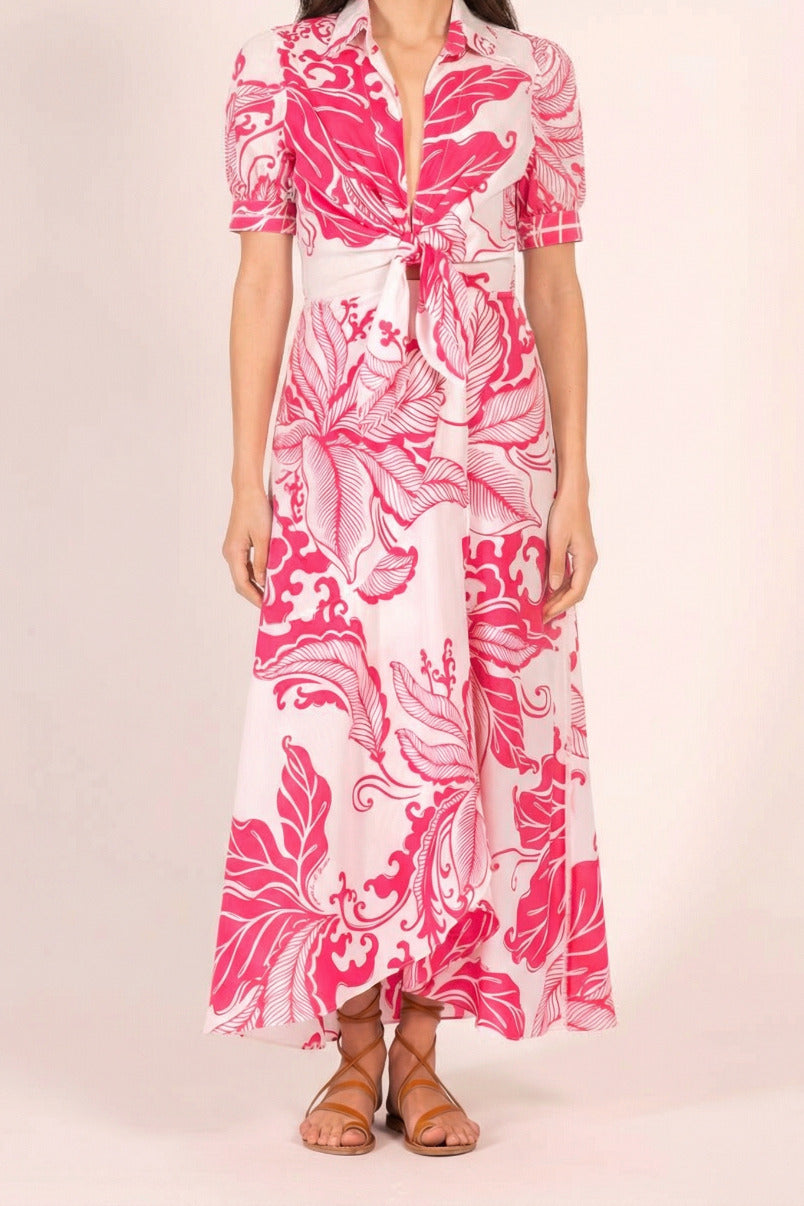 Pink Reef Wave long dress – Long Dress Eren by Poupette St Barth, full-length front view with tie-front bodice