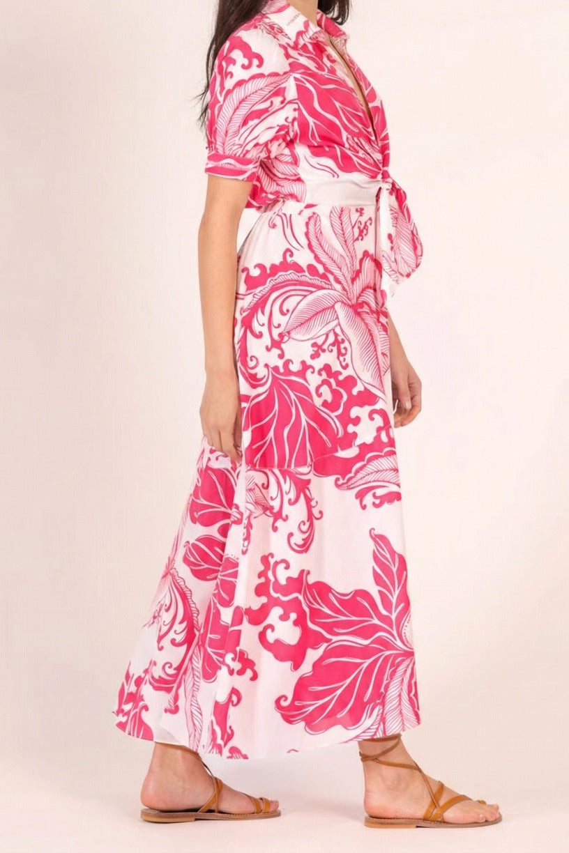 Pink Reef Wave long dress – Long Dress Eren by Poupette St Barth, side view showing knotted front and skirt