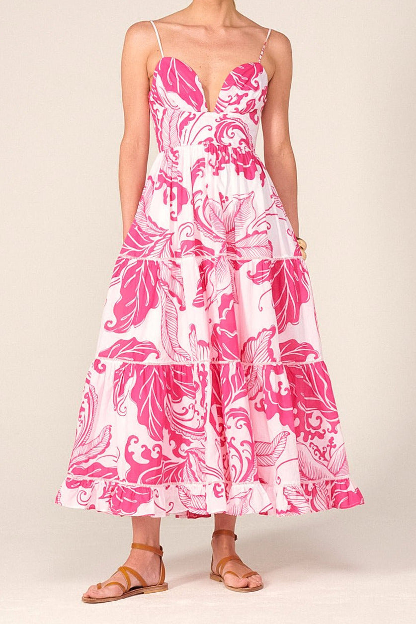 Pink Reef Wave long dress – Long Dress Milena by Poupette St Barth, full-length front view with tiered skirt