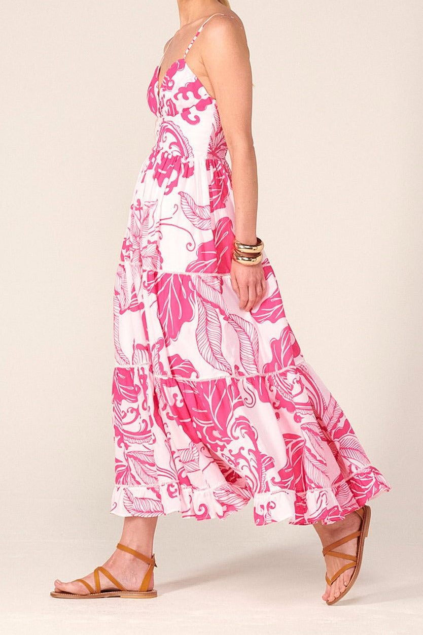 Pink Reef Wave long dress – Long Dress Milena by Poupette St Barth, walking side view with thin straps