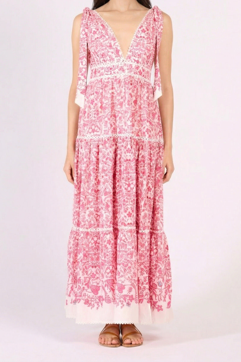 Pink Tiare long dress – Long Dress Perla by Poupette St Barth, full-length front view with tie shoulders