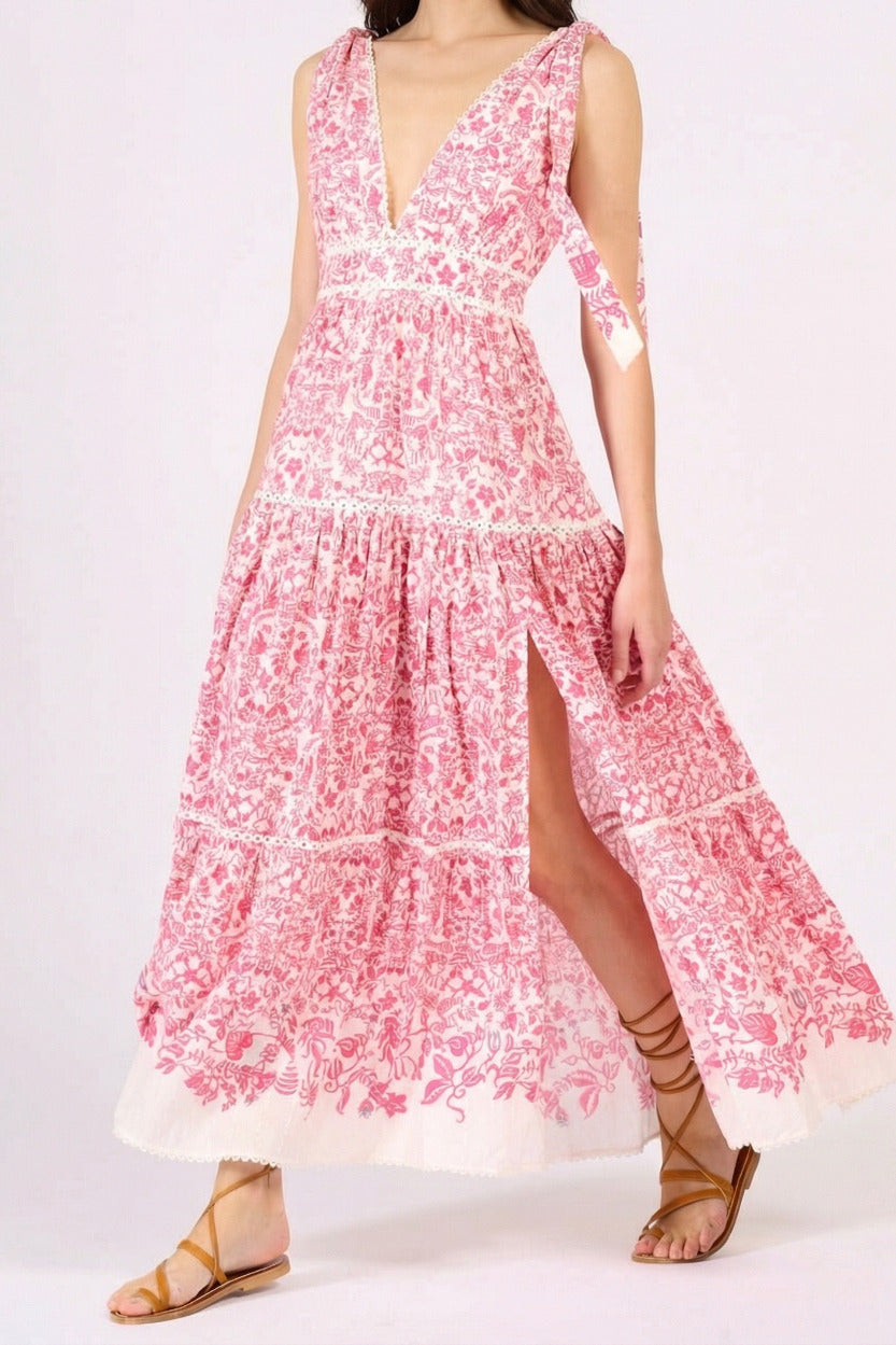Pink Tiare long dress – Long Dress Perla by Poupette St Barth, walking view showing front slit