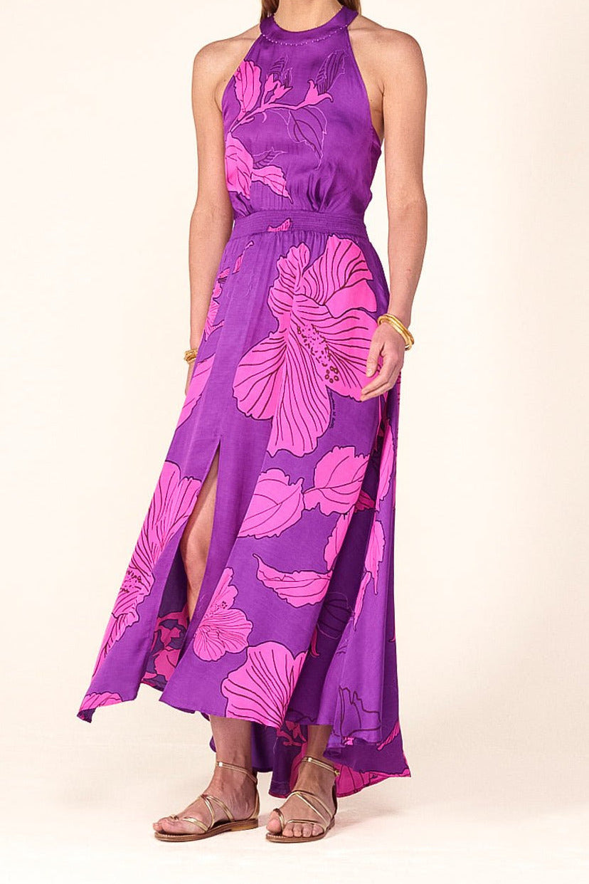 Purple Hibiscus long dress – Long Dress Clea by Poupette St Barth, full-length front view with halter and slit