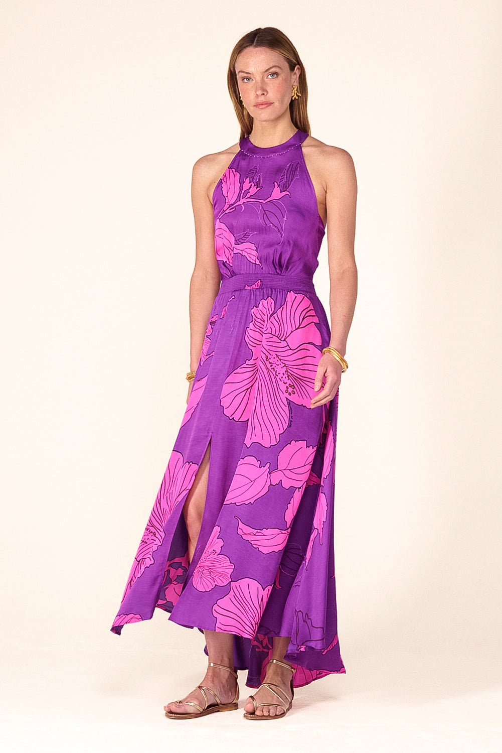 Purple Hibiscus long dress – Long Dress Clea by Poupette St Barth, front view
