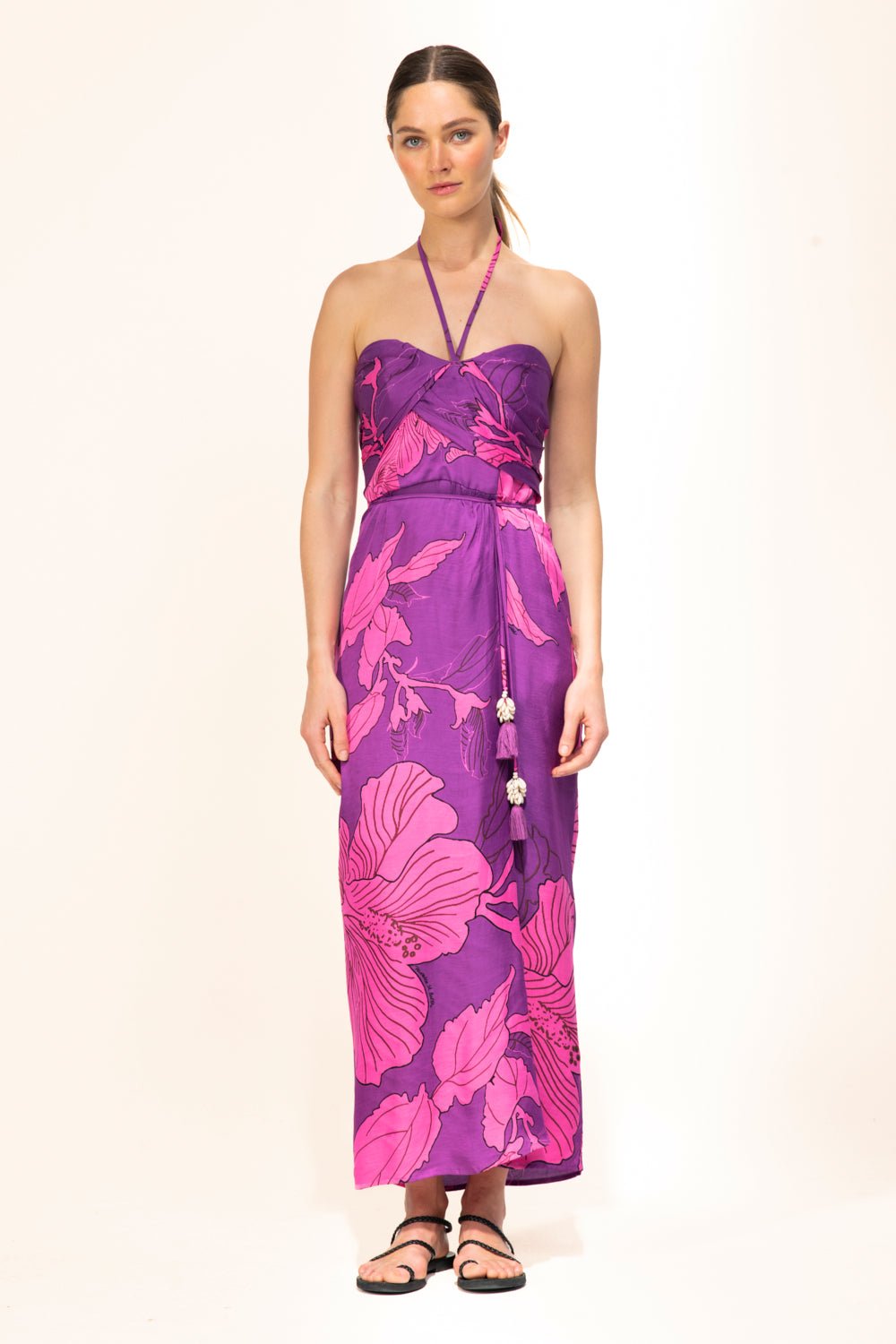 Purple Hibiscus long dress – Long Dress Collina by Poupette St Barth, front view