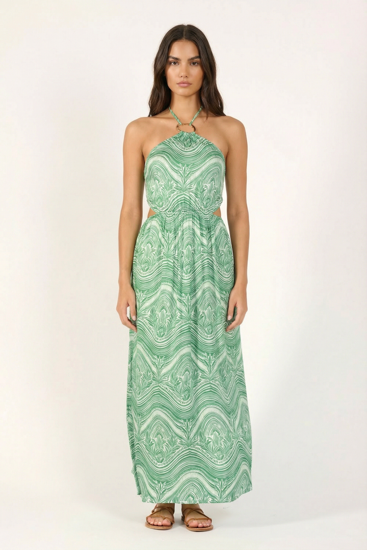 Long Isore Sage Moryana dress by Poupette St Barth, featuring flowing fabric and elegant design, front view.