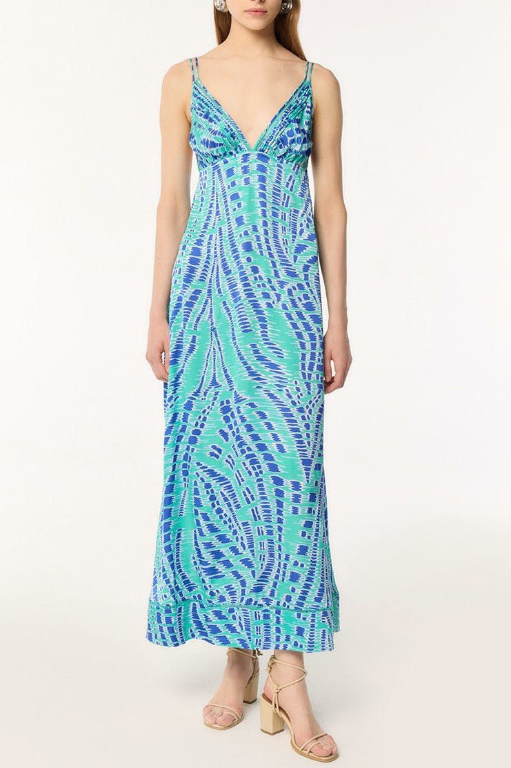 Long Cassandra Sky Kalina dress by Poupette St Barth, featuring a flowing fabric and elegant design in a vibrant sky blue color.