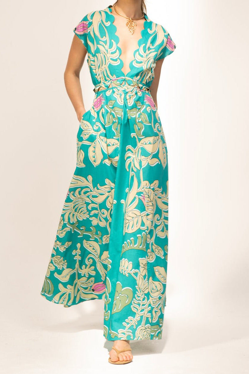 Turquoise Ritual long dress – Long Dress Noreen by Poupette St Barth, full-length front view with plunging neckline