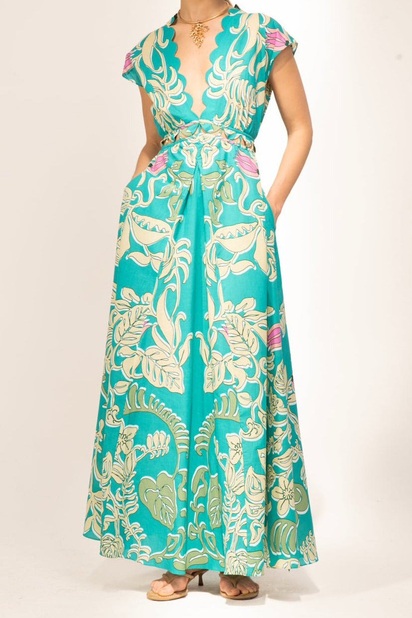 Turquoise Ritual long dress – Long Dress Noreen by Poupette St Barth, full-length front view with scalloped V-neck