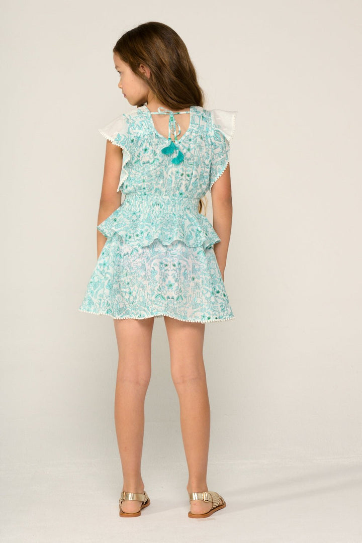 Girls' Mini Dress Noemi in Aqua Tiare by Poupette St Barth, featuring lightweight fabric and stylish design for warm weather.