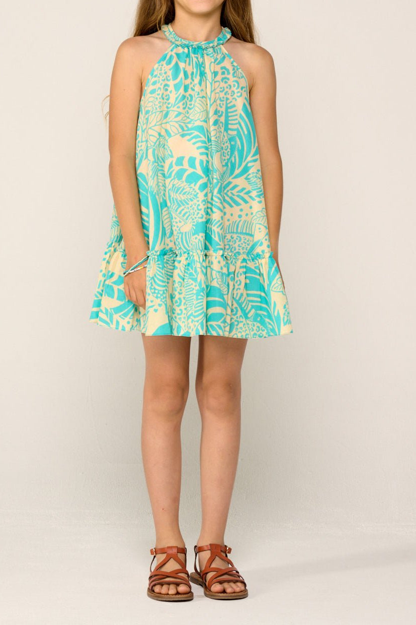 Girls' Aqua Toucan Mini Dress by Poupette St Barth, cotton dress with colorful toucan print, perfect for warm weather.