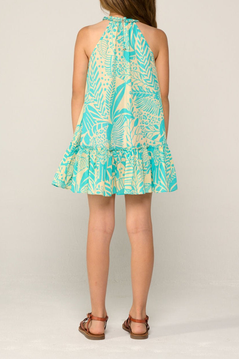 Girls' mini dress by Poupette St Barth, Aqua Toucan print, cotton fabric, sleeveless design, perfect for warm weather.