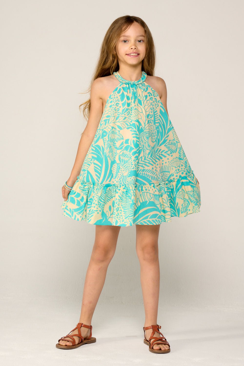 Girls' Aqua Toucan mini dress – Mini Dress Cleo by Poupette St Barth, front view