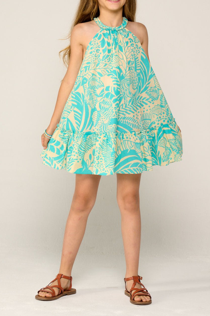 Girls' Mini Dress Cleo by Poupette St Barth in aqua with toucan print, made of soft cotton, perfect for warm weather.
