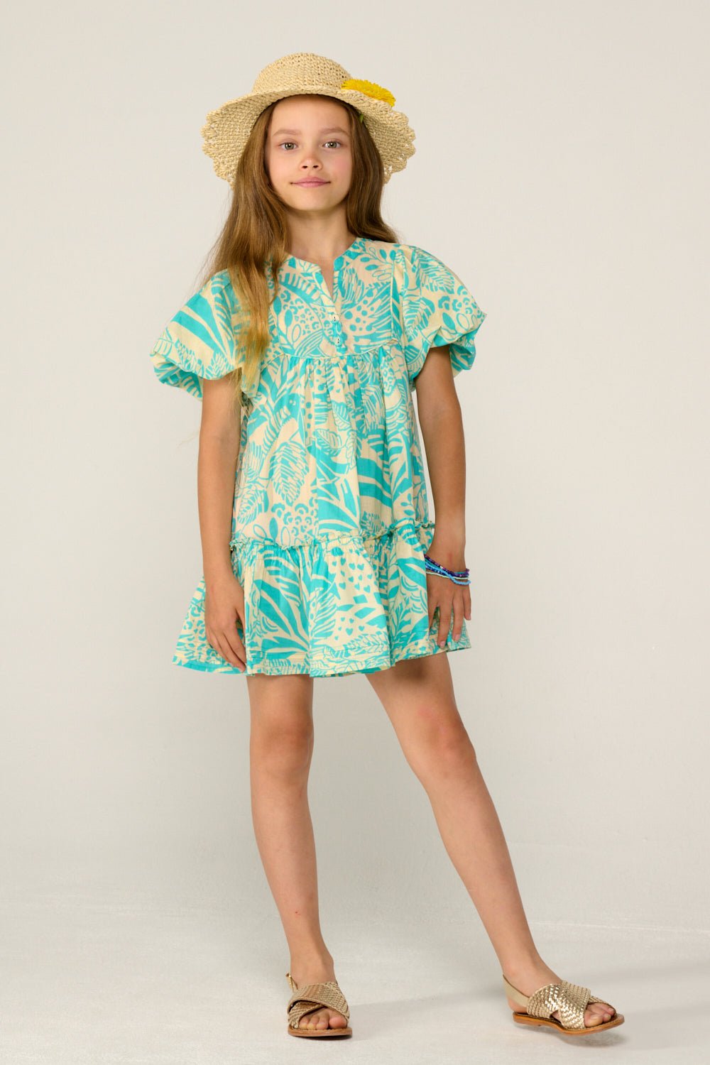 Girls' Aqua Toucan mini dress – Mini Dress Cruz by Poupette St Barth, front view
