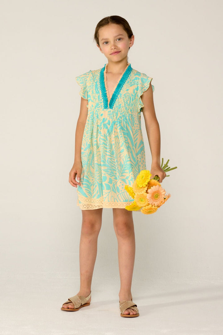 Girls' Aqua Toucan mini dress – Mini Dress Sasha by Poupette St Barth, front view
