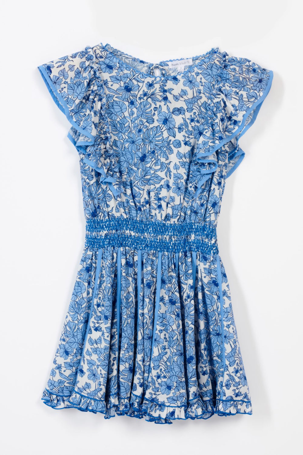 Blue aquaflora mini dress for girls by Poupette St Barth, featuring a playful floral pattern and lightweight fabric.