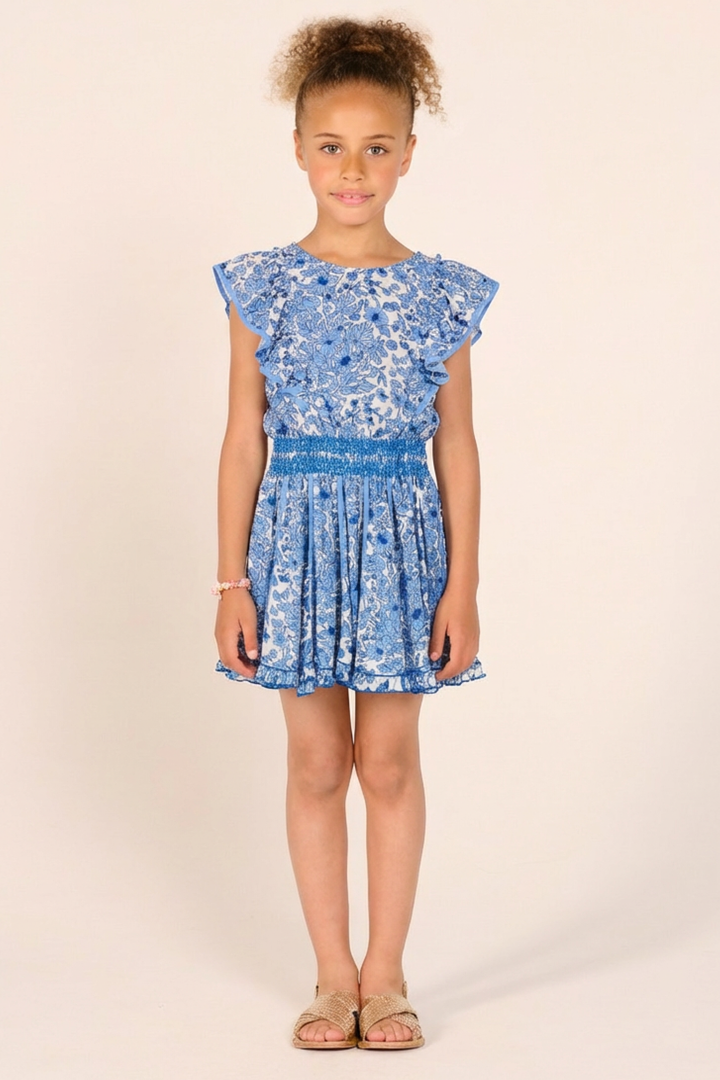 Blue Aquaflora Mini Dress for girls by Poupette St Barth, featuring a floral pattern and lightweight fabric.