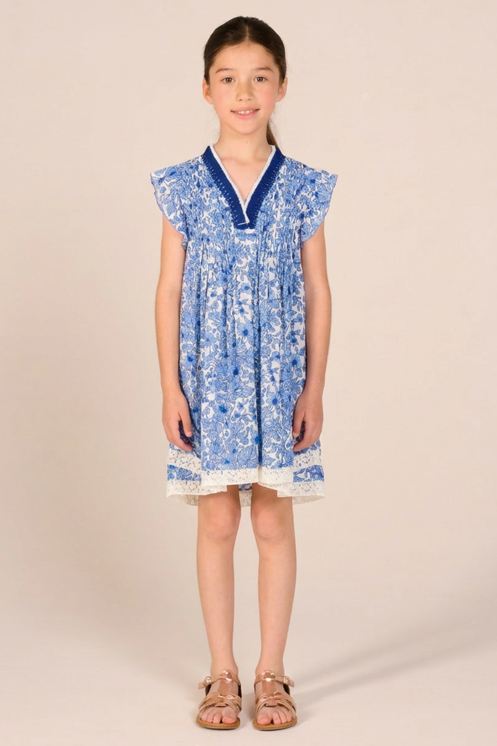 Girls' Blue Aquaflora mini dress – Mini Dress Sasha by Poupette St Barth, front view