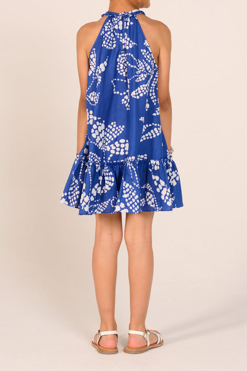 Girls' blue Austral Mini Dress Cleo by Poupette St Barth, made of cotton, featuring a stylish and comfortable design.