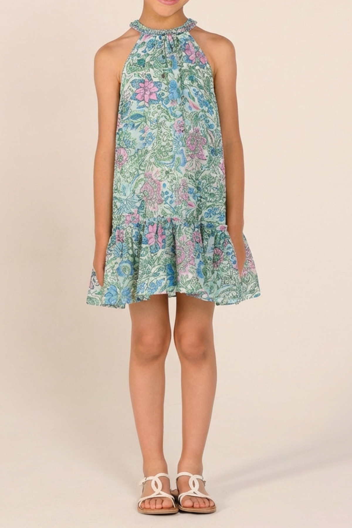 Blue cotton mousseline mini dress for girls by Poupette St Barth, featuring a stylish Cleo design from the Nusa collection.