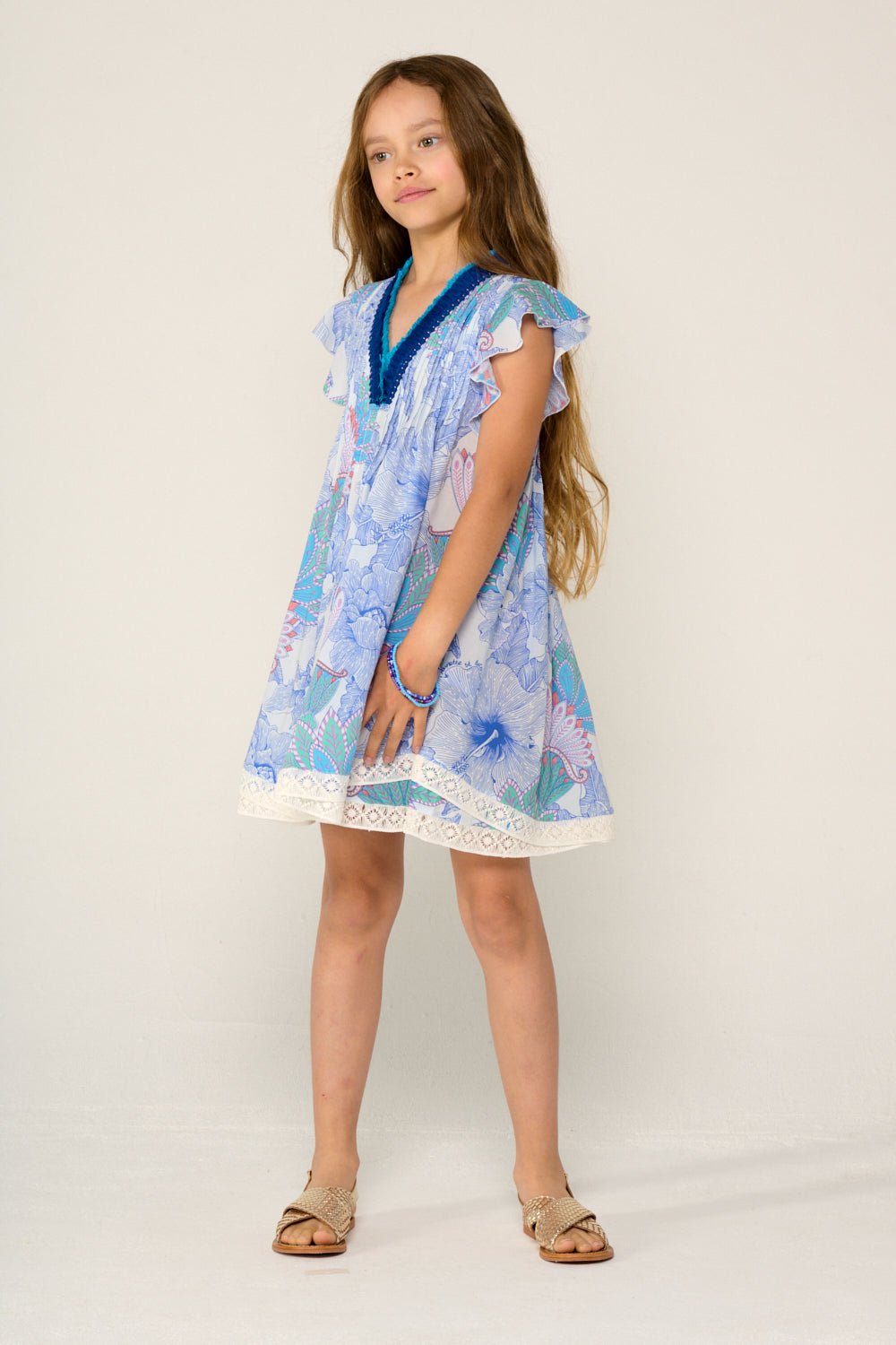 Blue Poupette St Barth mini dress for girls, Sasha style, featuring a stylish design perfect for warm weather.