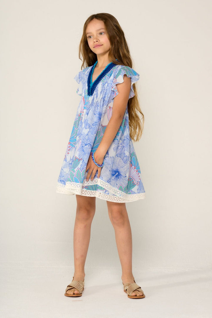 Blue Poupette St Barth mini dress for girls, Sasha style, featuring a stylish design perfect for warm weather.