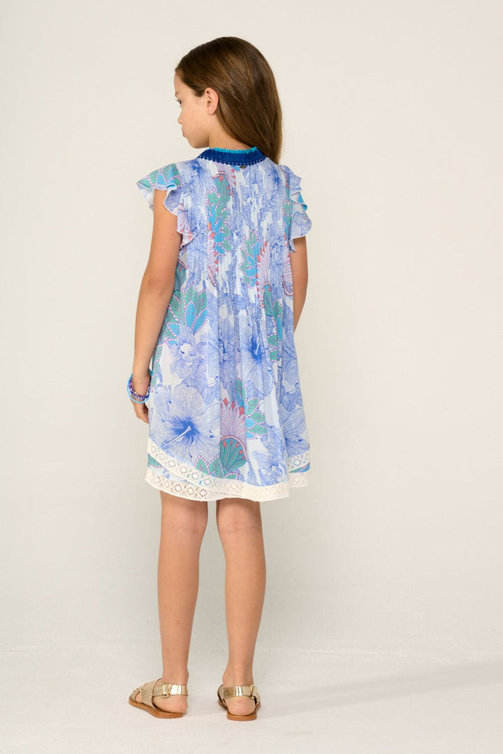 Blue Poupette St Barth mini dress for girls, Sasha style, featuring a stylish and comfortable design perfect for warm weather.