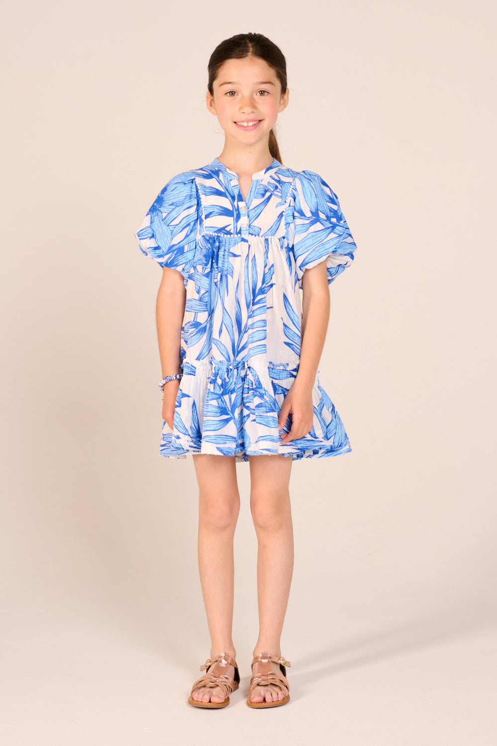 Girls' Blue Palm Leaf mini dress – Mini Dress Cruz by Poupette St Barth, front view