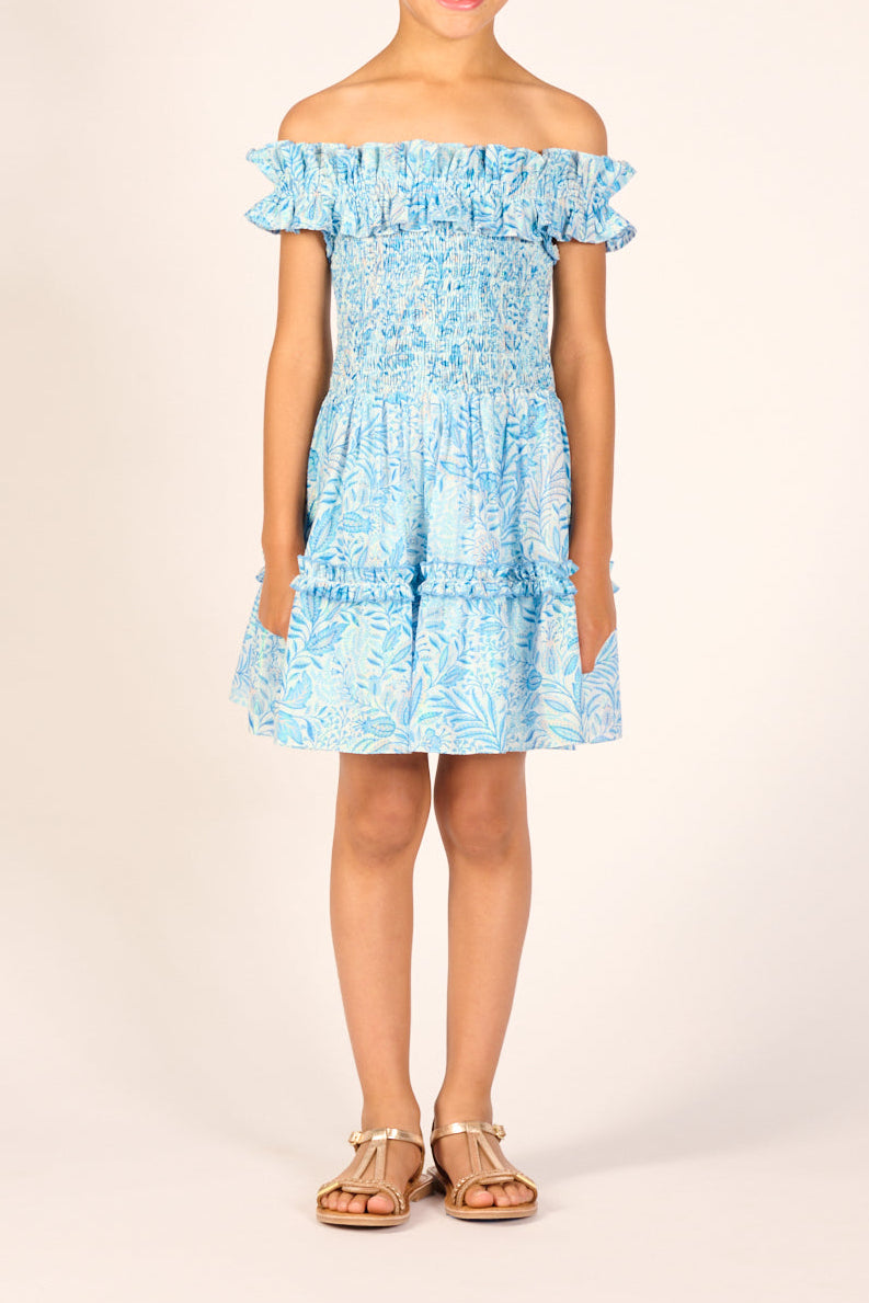 Blue Palmarosa cotton metallic mini dress for girls by Poupette St Barth, featuring a stylish and comfortable design.