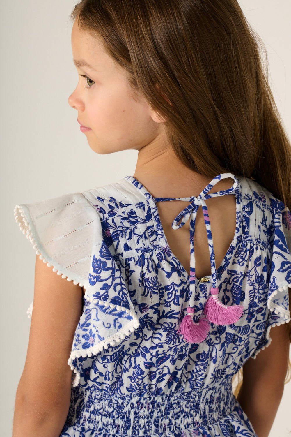 Girls' Blue Tiare mini dress – Mini Dress Noemi by Poupette St Barth, fabric detail