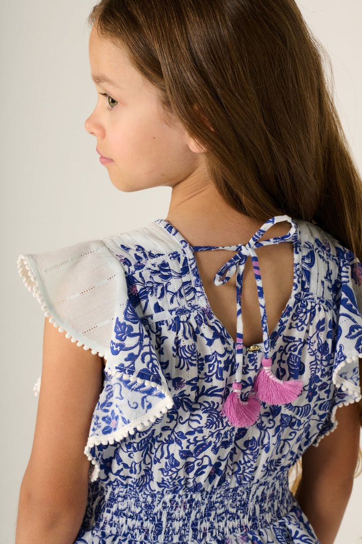 Girls' Blue Tiare mini dress – Mini Dress Noemi by Poupette St Barth, fabric detail
