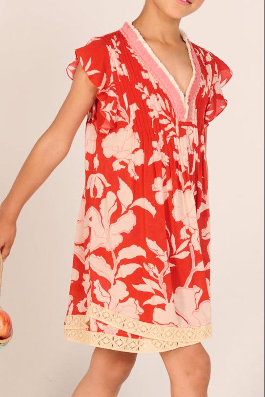 Girls' mini dress by Poupette St Barth, Coral Palm Beach style, featuring a vibrant coral color and lightweight viscose fabric.