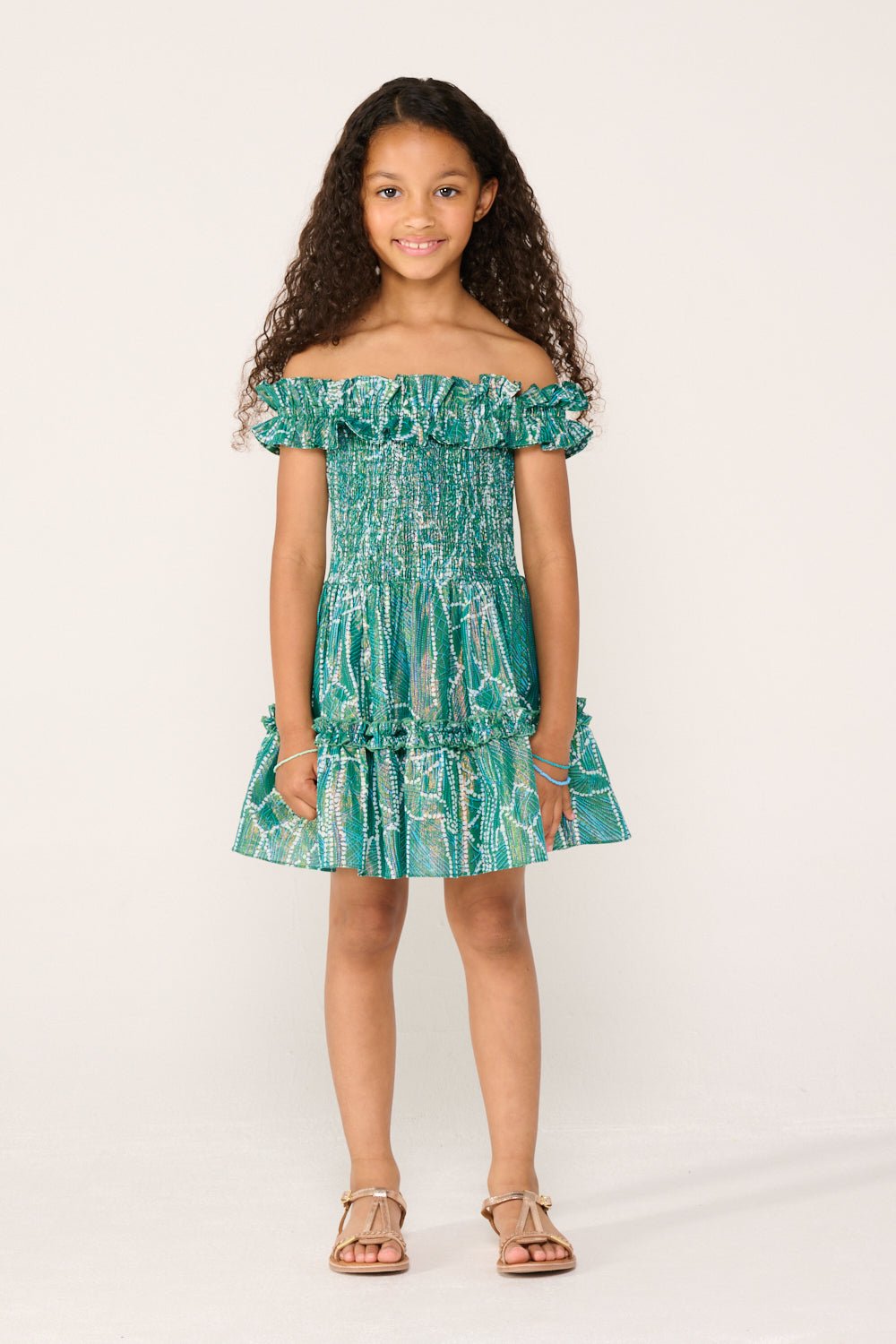 Girls' Green Akoya mini dress – Mini Dress Amber by Poupette St Barth, front view