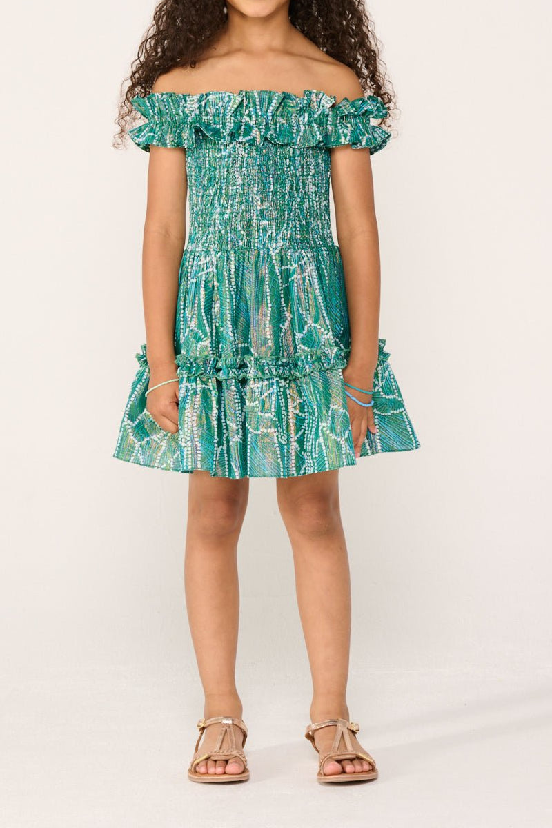 Girls' green metallic cotton mini dress Amber by Poupette St Barth with a stylish, vibrant design perfect for warm weather.